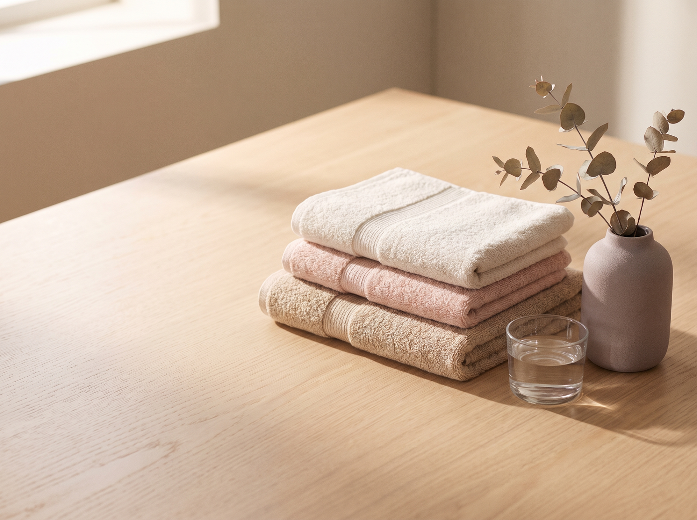 Folded cotton towels on pale oak with dried eucalyptus in warm window light